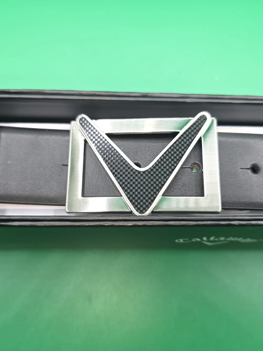 Callaway Black Leather Belt with Silver V Buckle Accent